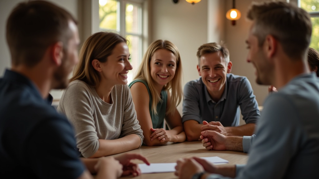 Skupina lidí v neformálním prostředí se smívá a vede otevřený rozhovor