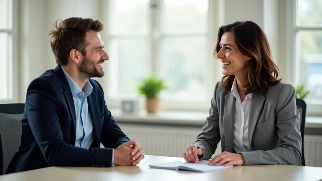 Muž a žena v kanceláři sedí jeden proti druhému a vedou konstruktivní rozhovor s otevřeným jazykem těla