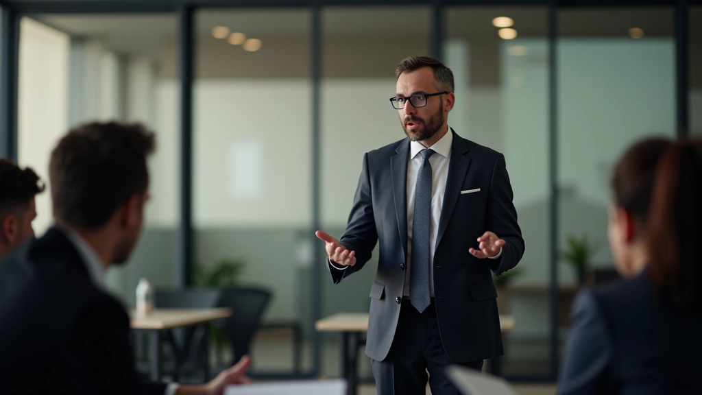 Muž stojí před skupinou lidí v konferenční místnosti a sebevědomě mluví