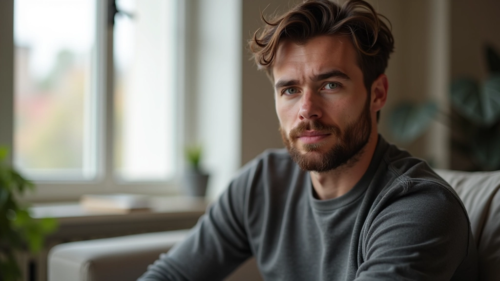 Osoba sedící v tichém prostoru, reflexivně přemýšlející o svých slovech a emocích