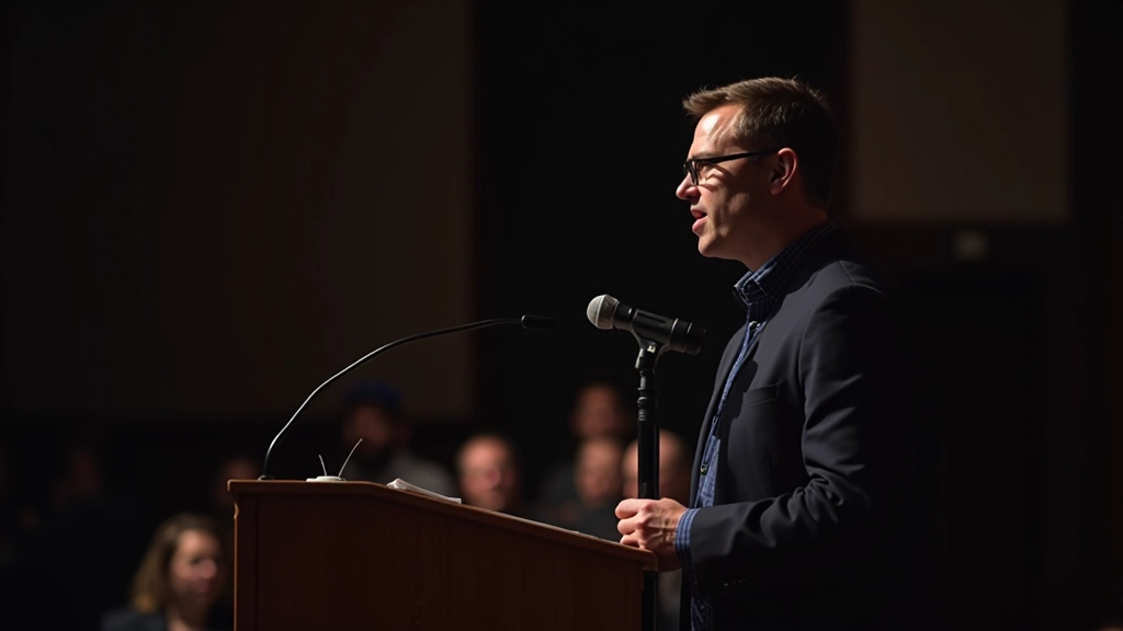 Osoba sebevědomě mluví do mikrofonu během workshopu