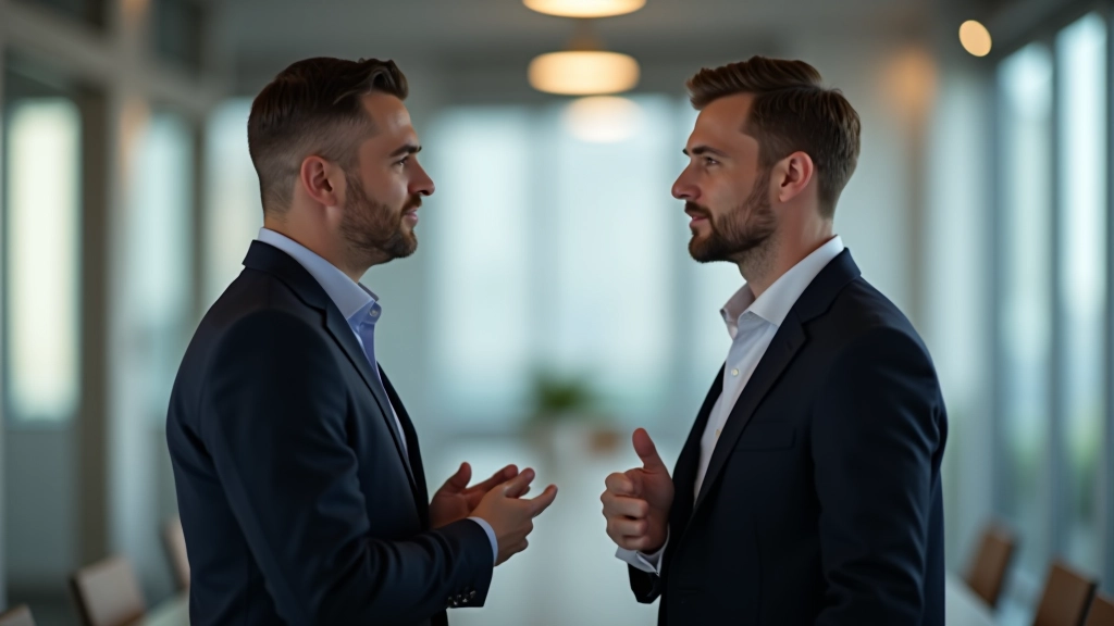 Dvě osoby v konferenčním místnosti v respektful konverzaci, obě vědomé osobních hranic