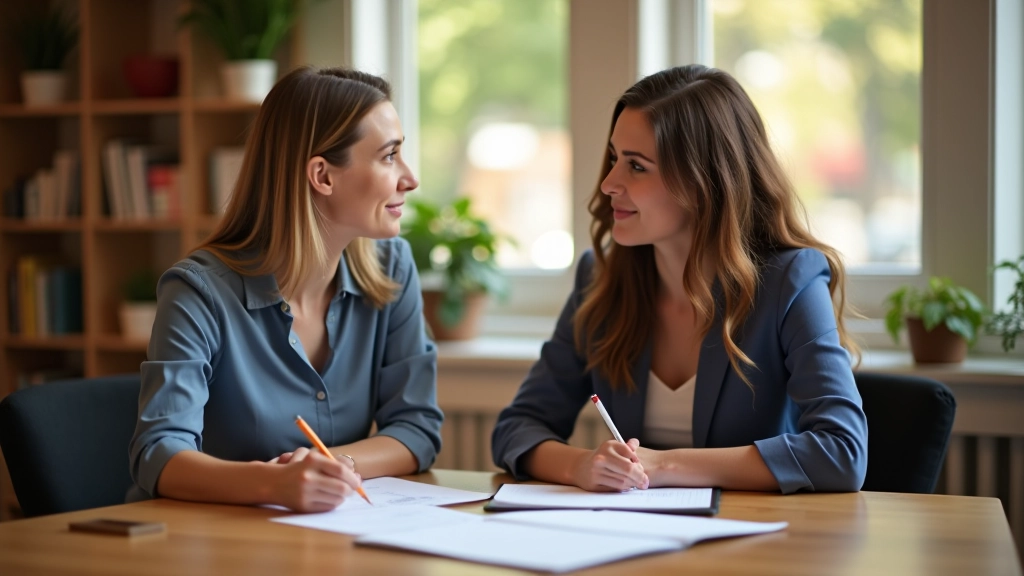 Dvě ženy v kancelářském prostředí vedou konstruktivní rozhovor u stolu